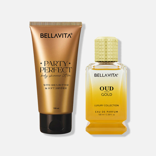 (Glow &amp; Gold Combo) Party Perfect Shimmer Body Lotion + OUD Gold Unisex Perfume