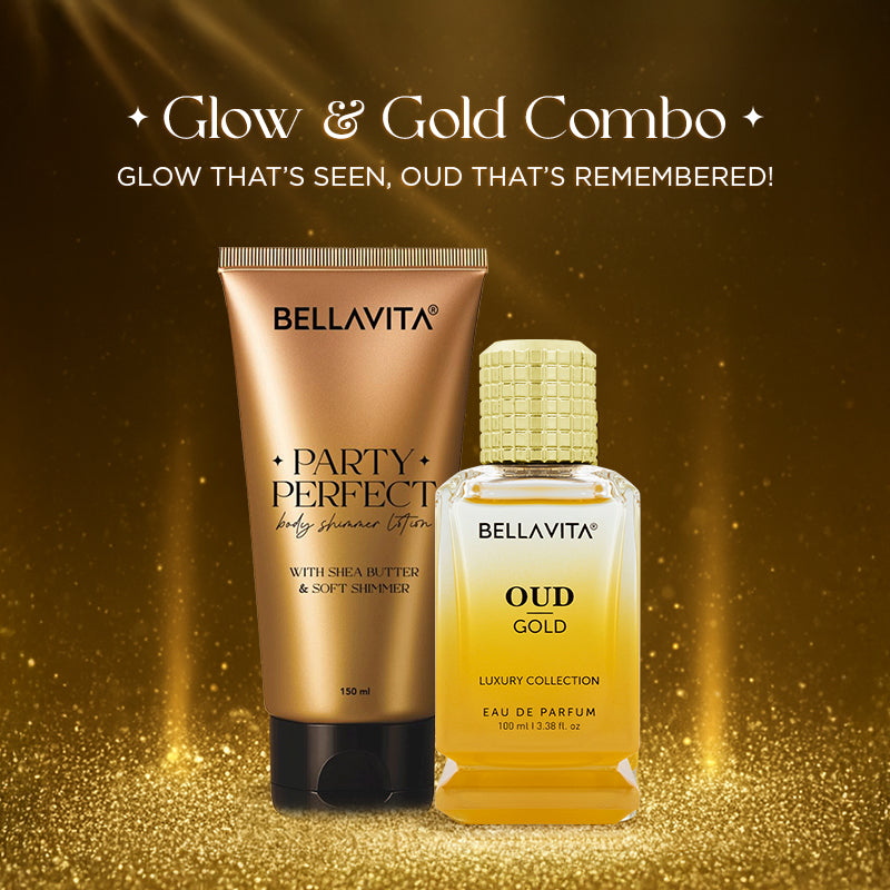 (Glow &amp; Gold Combo) Party Perfect Shimmer Body Lotion + OUD Gold Unisex Perfume