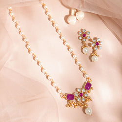 Chic Pearl Beaded Purple Necklace Kundan Set